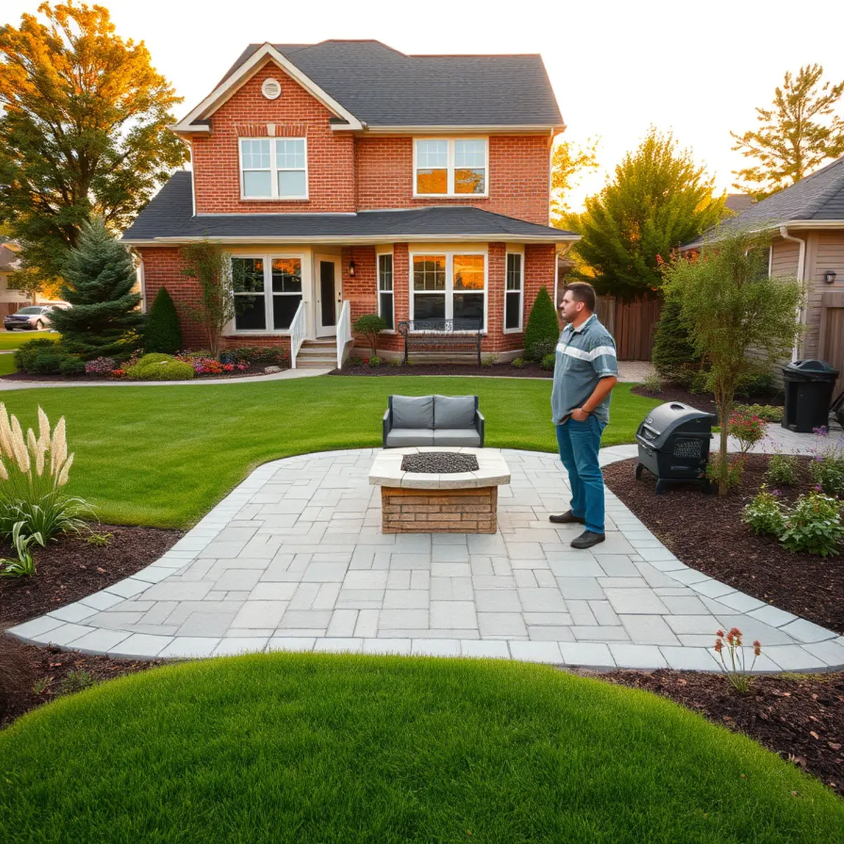 Professionally landscaped backyard with a paver patio at a Hobart, Indiana home